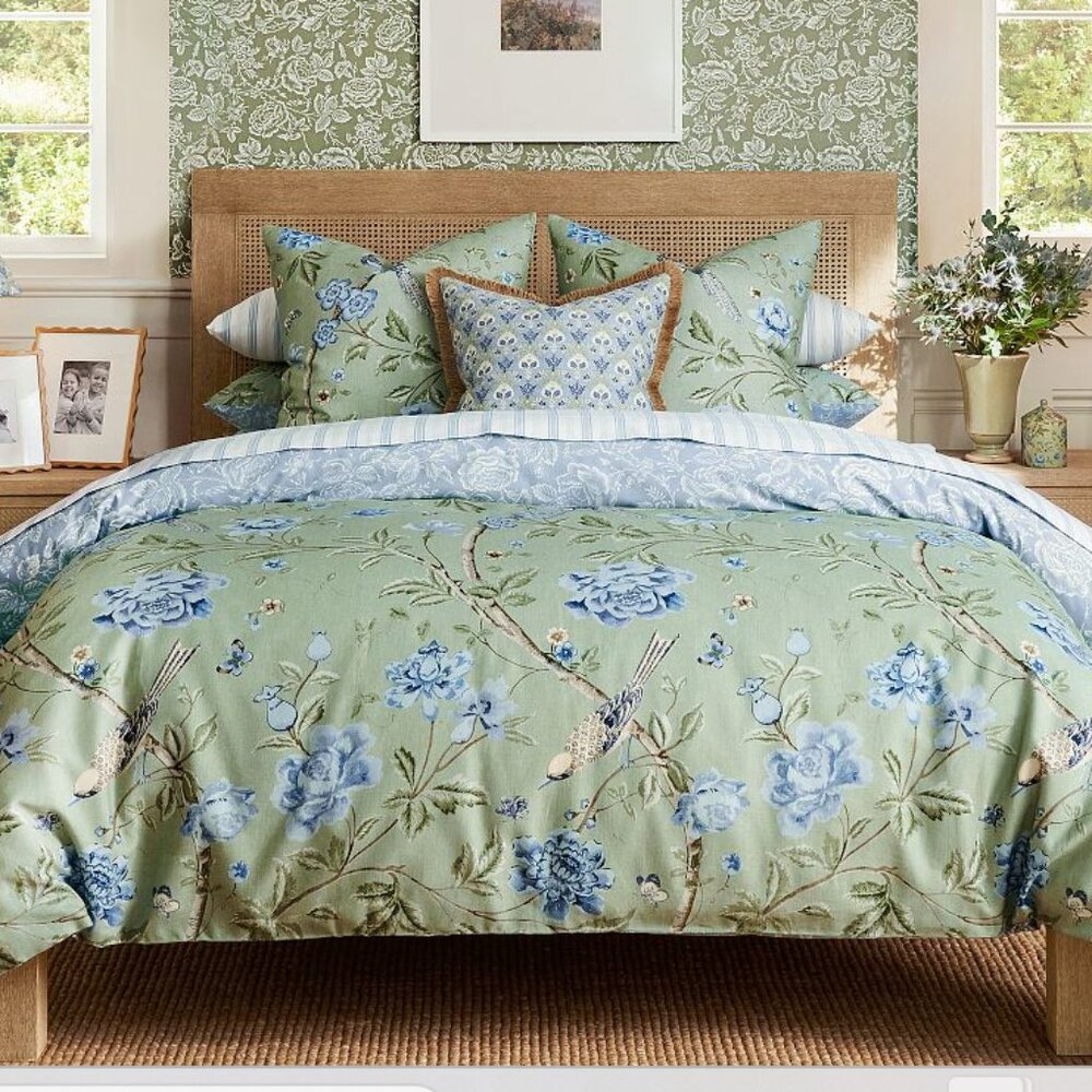 Pottery Barn Kravet Meadowlark Reversible Duvet Cover Green/Multi EUC